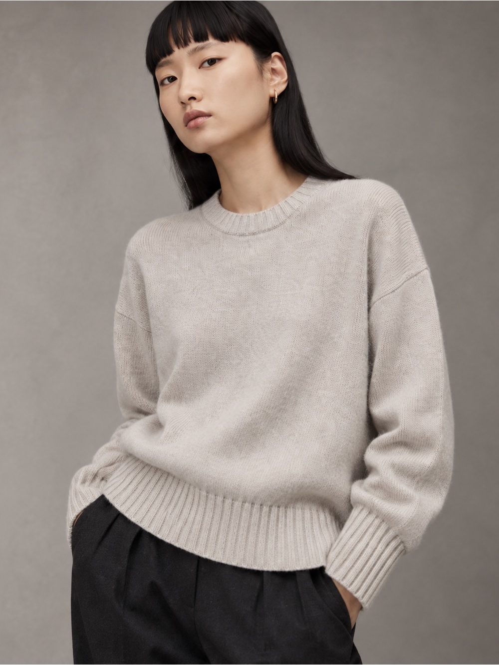 All Saints 100% cashmere Crewneck Sweater in Light Taupe/ Grey